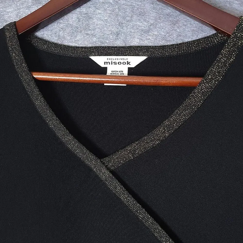 Misook Black Knit Tunic Top Womens Size Large V-Neck 3/4 Sleeve Gold Trim